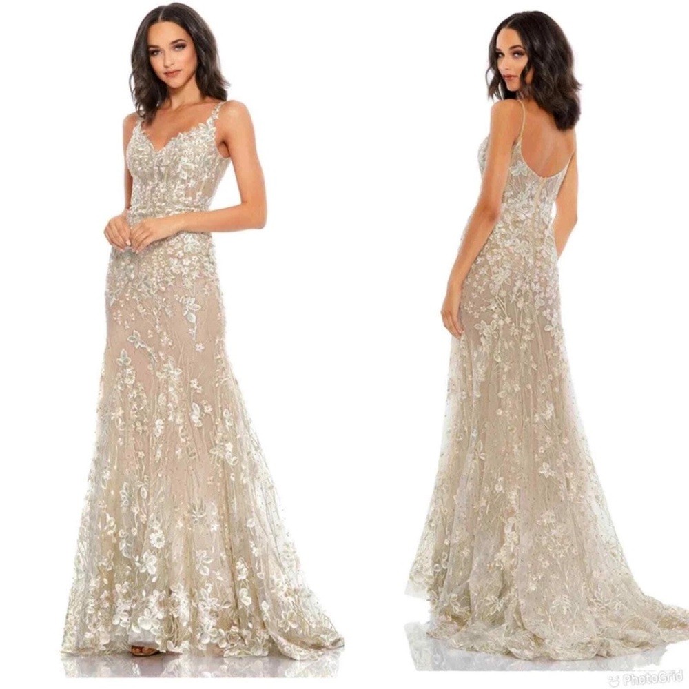 Mac Duggal Lace Dress Cream lace over nude with pink in floral pattern